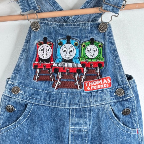 VTG 90s Thomas the Tank Train Engine Denim Overalls Embroidered 12M Blue Jean - Picture 2 of 9